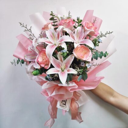 Morning Dew First Bloom | Pink Lily & Rose Fresh Flower Bouquet - BL010053