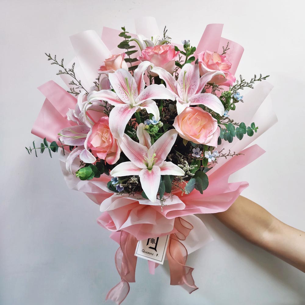 Morning Dew First Bloom | Pink Lily & Rose Fresh Flower Bouquet 1 Morning Dew First Bloom | Pink Lily & Rose Fresh Flower Bouquet - BL010053