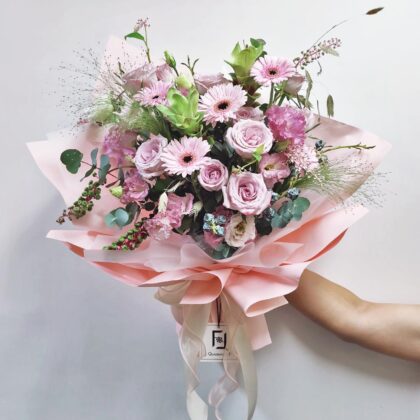 Crimson Elegance | Pink Purple Rose & Green Curcuma Fresh Flower Bouquet - BL010054