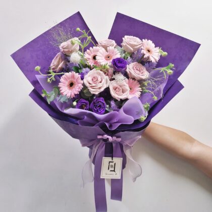 Purple Path | Pink Purple Rose & Purple Ming Fern Fresh Flower Bouquet - BL010058