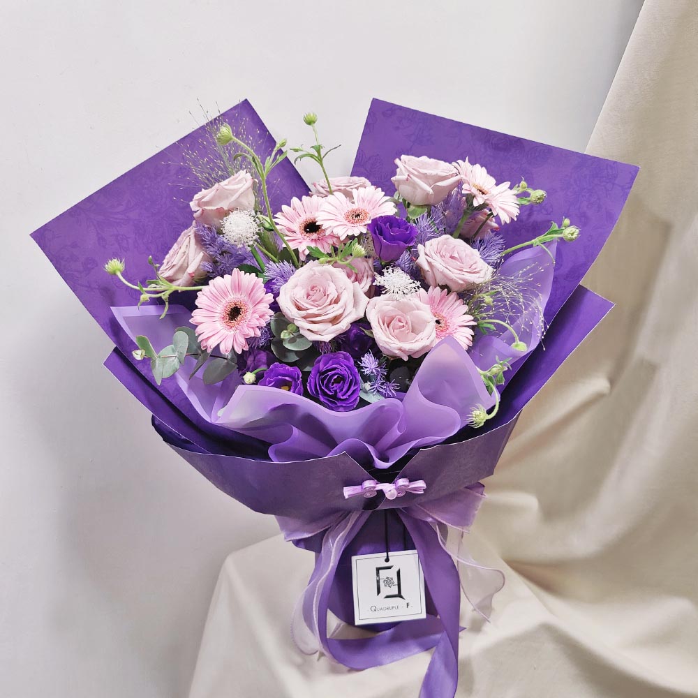 Purple Path | Pink Purple Rose & Purple Ming Fern Fresh Flower Bouquet 3 Purple Path | Pink Purple Rose & Purple Ming Fern Fresh Flower Bouquet - BL010058