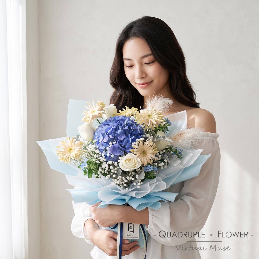 Feathered Blue Starlight | Blue Hydrangea & White Rose Fresh Flower Bouquet 2 Feathered Blue Starlight | Blue Hydrangea & White Rose Fresh Flower Bouquet - BL040002