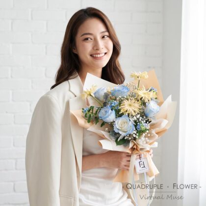 星藍映月 | 藍白玫瑰捲邊非洲菊(太陽花)鮮花花束