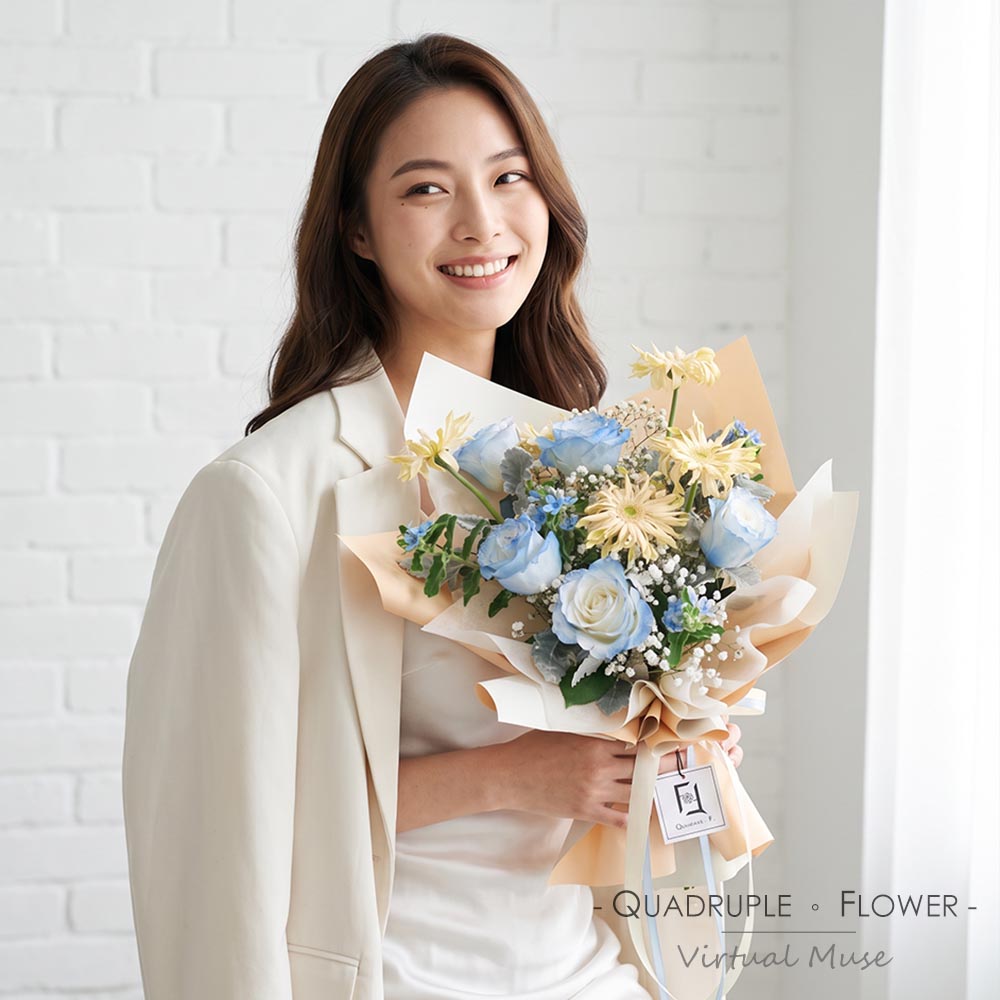 Starry Blue Moonlight | Blue‑White Rose & Curled Gerbera (Sunflower) Fresh Flower Bouquet 2 Starry Blue Moonlight | Blue‑White Rose & Curled Gerbera (Sunflower) Fresh Flower Bouquet - BM010009