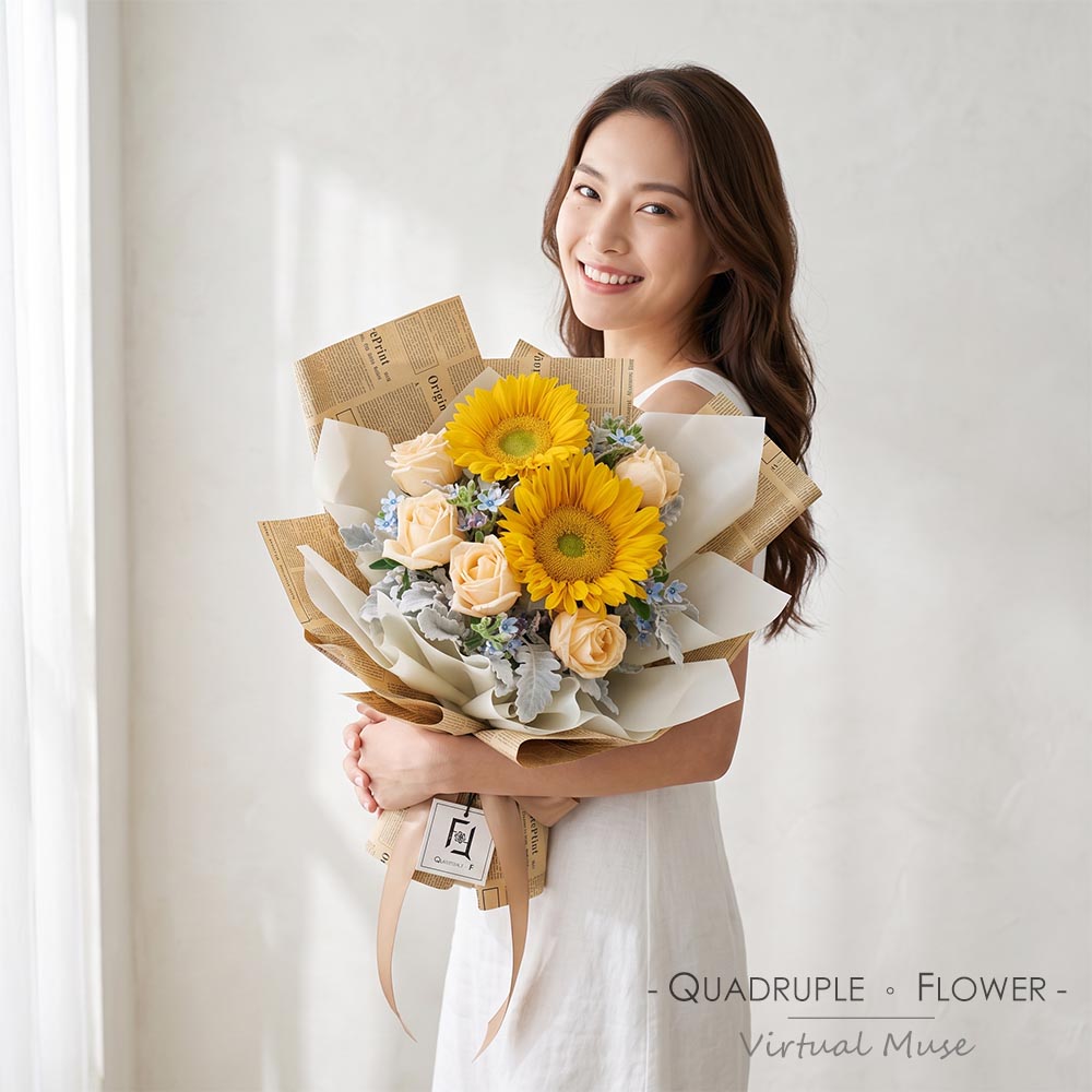 復古詩篇 | 綠芯向日葵香檳玫瑰鮮花花束 2 復古詩篇 | 綠芯向日葵香檳玫瑰鮮花花束 - BM060009