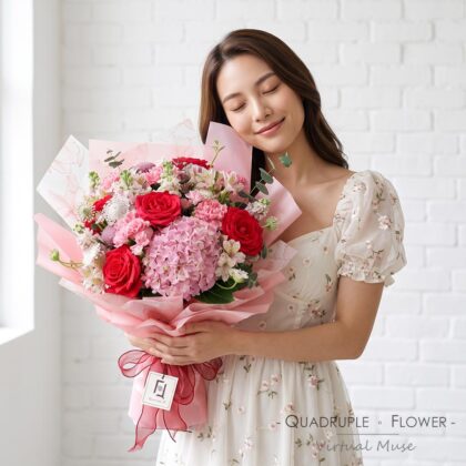 錦簇桃粉 | 桃紅玫瑰粉紅繡球鮮花花束