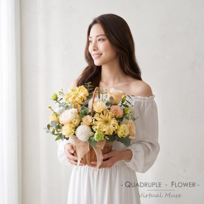 Timeless Serenity | Khaki White Rose, Ruffled Gerbera Hand-Carried Fresh Flower Basket