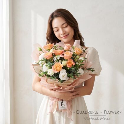 玫瑰圓舞 | 橙粉玫瑰白桔梗鮮花花束