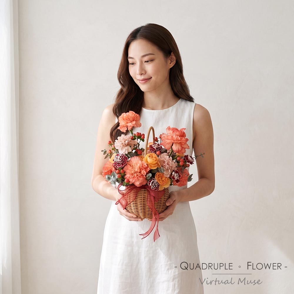 Rural Spring | Orange-red & Vintage Pink Carnation Hand-Carried Fresh Flower Basket 2 Rural Spring | Orange-red & Vintage Pink Carnation Hand-Carried Fresh Flower Basket - TP070001