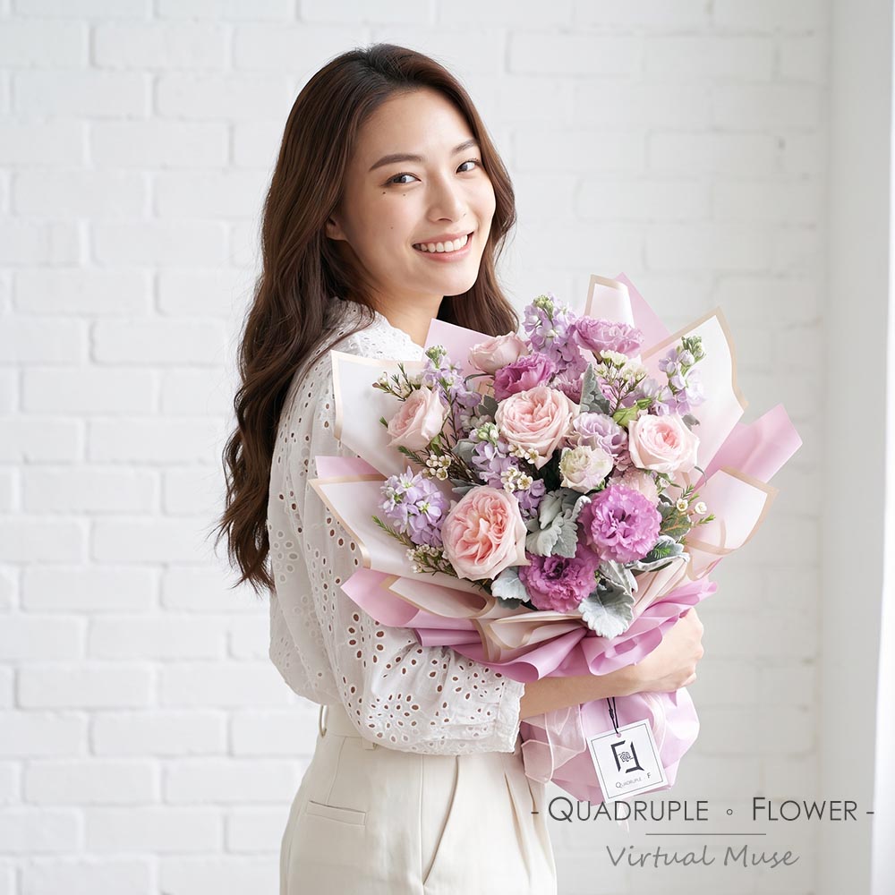 Pastel Snow | Pink Rose & Purple Stock Fresh Flower Bouquet 2 Pastel Snow | Pink Rose & Purple Stock Fresh Flower Bouquet - BM010019