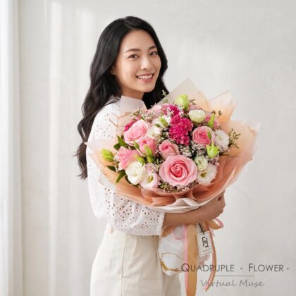快樂寵愛 | 粉玫瑰粉白洋桔梗鮮花花束