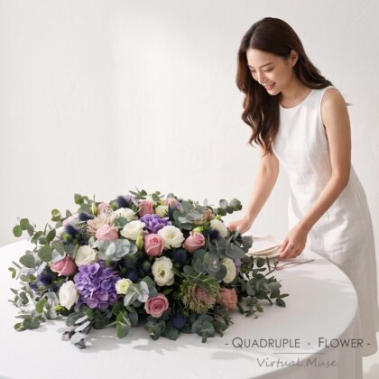 Violet Elegance Symphony | Pink Roses & Light Purple Hydrangeas Artistic Floral Arrangement — Wedding Banquet Main Family Table Centerpiece