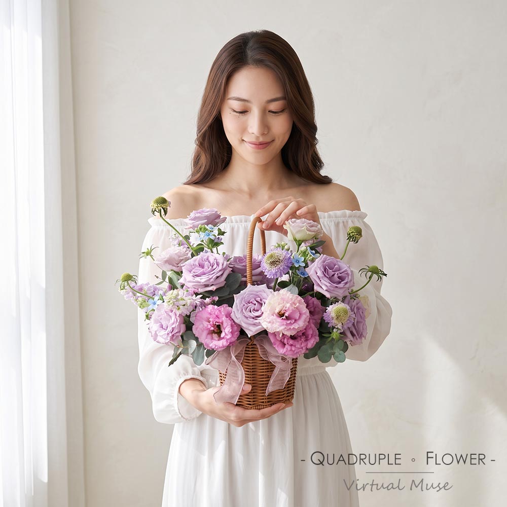 Phantom Purple Night | Purple Rose, Stock & Tweedia Hand-Carried Fresh Flower Basket 2 Phantom Purple Night | Purple Rose, Stock & Tweedia Hand-Carried Fresh Flower Basket - TP010007