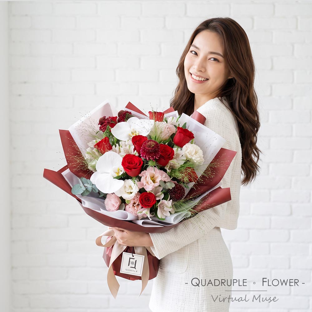 Lingering Crimson | Red Rose & White Phalaenopsis Orchid Fresh Flower Bouquet 2 Lingering Crimson | Red Rose & White Phalaenopsis Orchid Fresh Flower Bouquet - BL010043