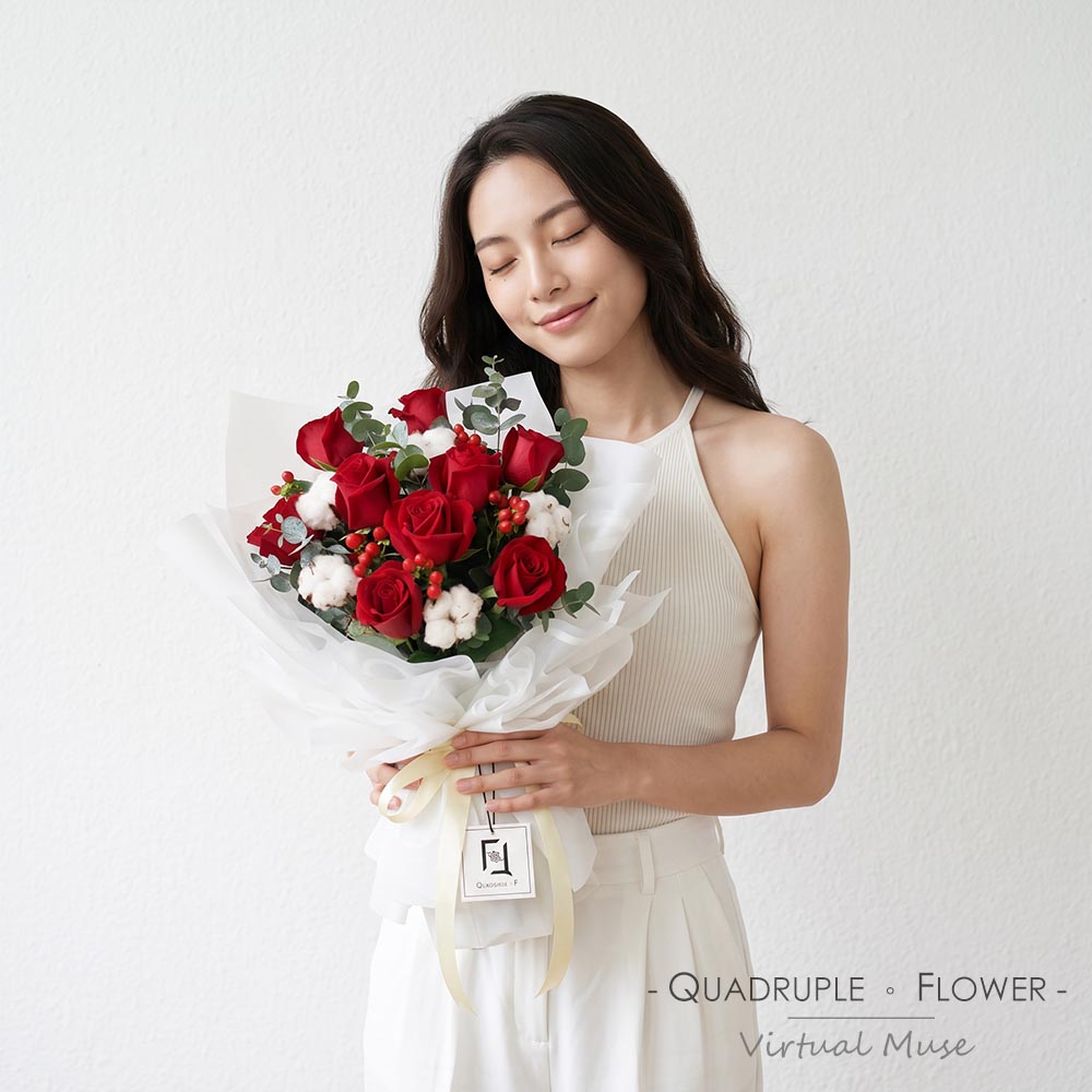 Completely LOVE | Red Rose Fresh Bouquet with Cotton Flower 2 Completely LOVE | Red Rose Fresh Bouquet with Cotton Flower - BM010006