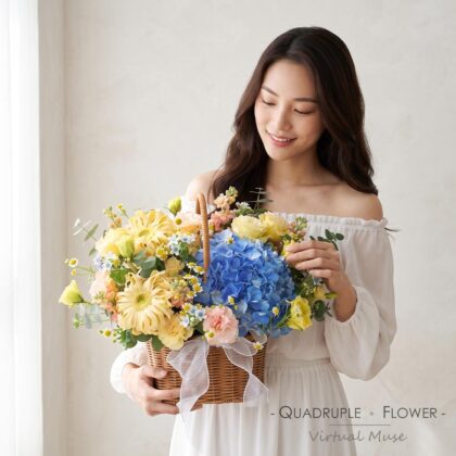Cloud Stroll | Ruffled Gerbera, Blue Hydrangea Hand-Carried Fresh Flower Basket