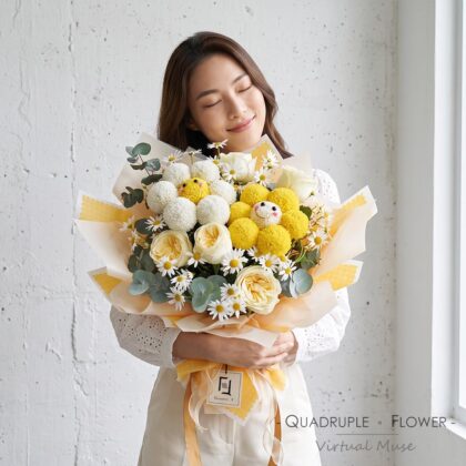 Double Sunshine | Smiley Face Ping Pong Mum & Creamy Garden Rose Fresh Flower Bouquet