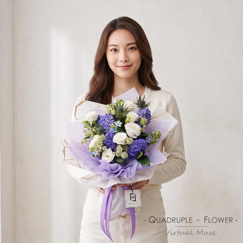 Delightful AQUA | White Eustoma with Blue Hyacinth Fresh Flower Bouquet 2 Delightful AQUA | White Eustoma with Blue Hyacinth Fresh Flower Bouquet - BL100002