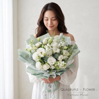 白雪戀歌 | 白玫瑰洋桔梗鮮花花束