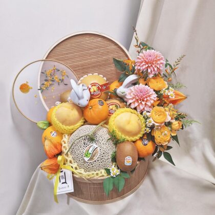 Dahlia & Orange Spray Rose Mid-Autumn Flower Fruit Basket Quadruple Flower FB100005