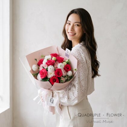 粉霞柔光 | 桃紅玫瑰波浪粉桔梗鮮花花束