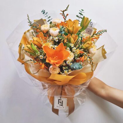 Orange Lily & Flame Orchid Fresh Flower Bouquet Quadruple Flower BL050005