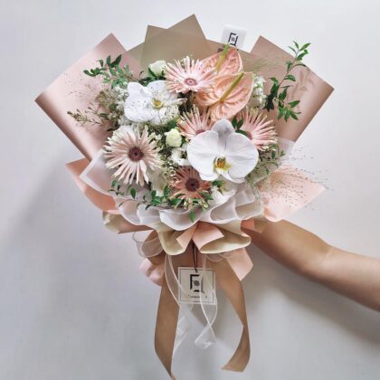 Pink Anthurium, White Phalaenopsis & Pasta Gerbera Fresh Flower Bouquet Quadruple Flower BL080010