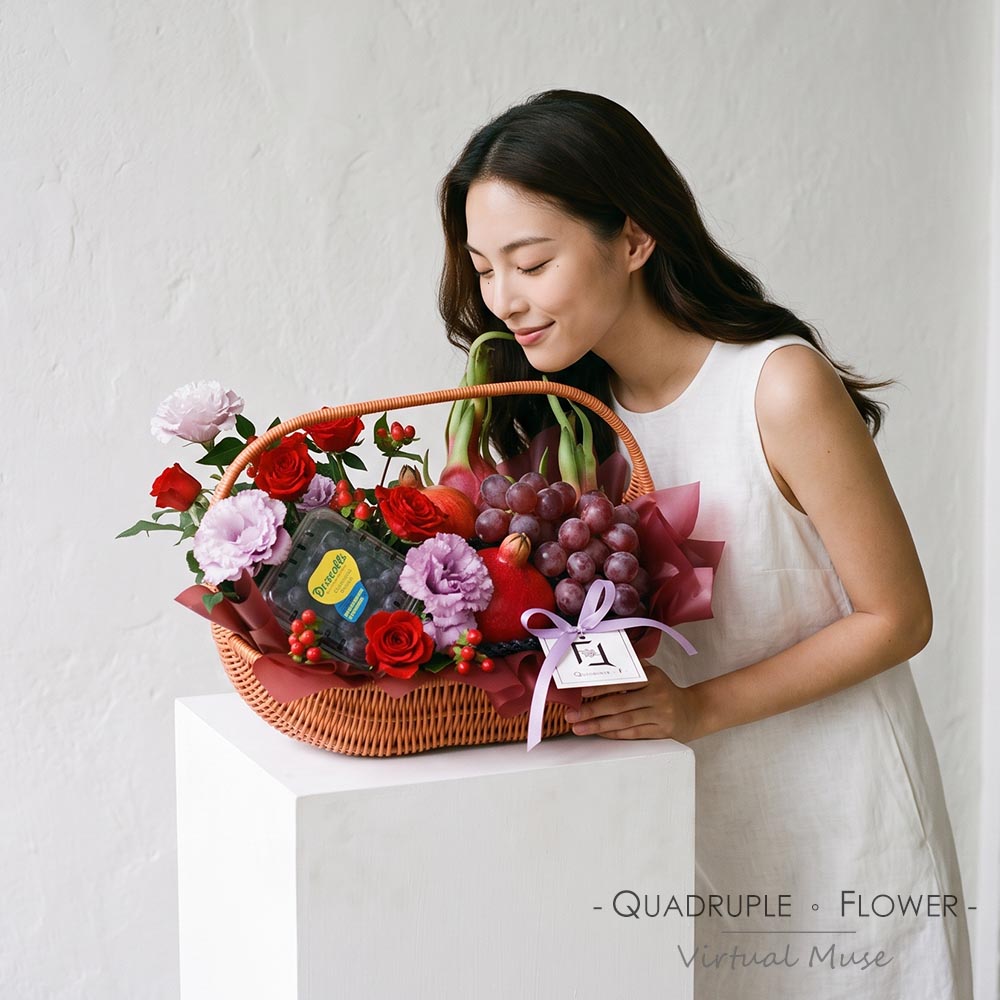Crimson & Violet Royalty | Ruffled Purple Eustoma & Red Spray Rose Fresh Flower Fruit Basket 2 Crimson & Violet Royalty | Ruffled Purple Eustoma & Red Spray Rose Fresh Flower Fruit Basket - FB100002