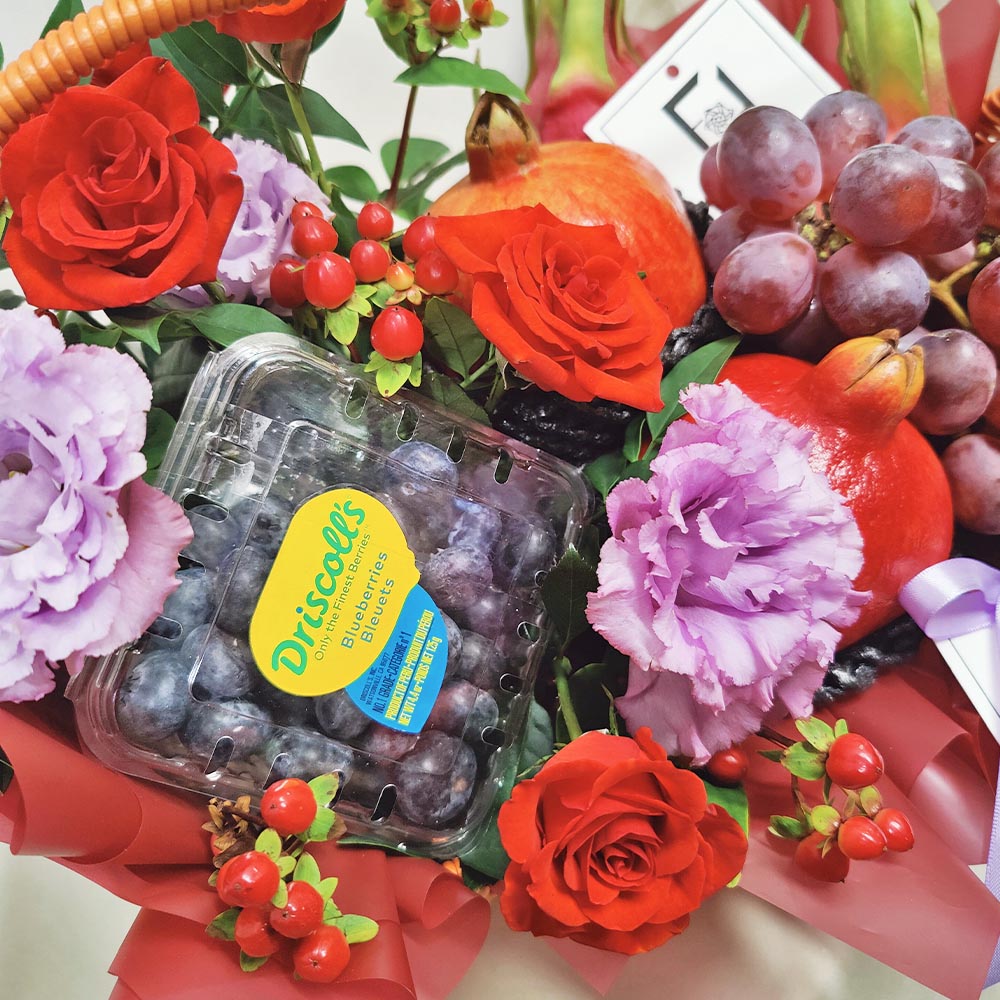 Crimson & Violet Royalty | Ruffled Purple Eustoma & Red Spray Rose Fresh Flower Fruit Basket 3 Crimson & Violet Royalty | Ruffled Purple Eustoma & Red Spray Rose Fresh Flower Fruit Basket - FB100002