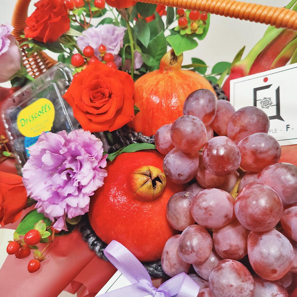 Crimson & Violet Royalty | Ruffled Purple Eustoma & Red Spray Rose Fresh Flower Fruit Basket 4 Crimson & Violet Royalty | Ruffled Purple Eustoma & Red Spray Rose Fresh Flower Fruit Basket - FB100002