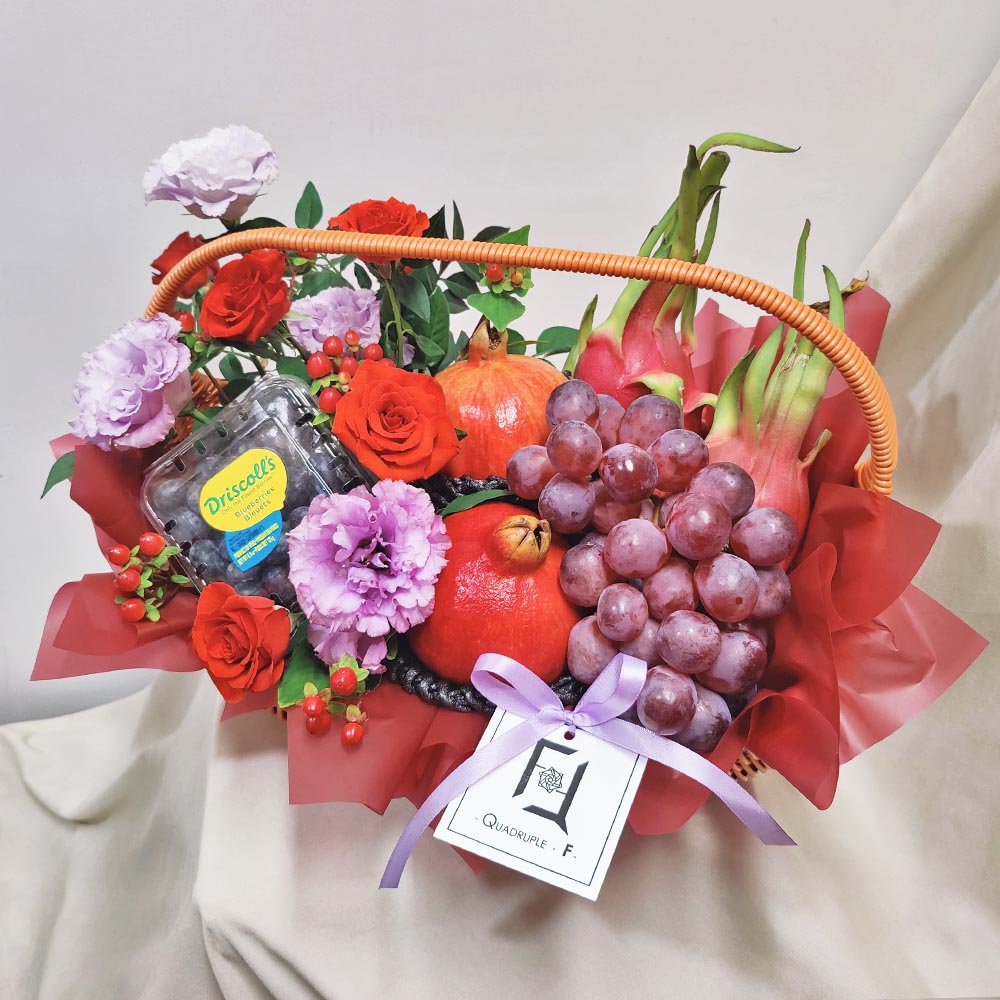 Crimson & Violet Royalty | Ruffled Purple Eustoma & Red Spray Rose Fresh Flower Fruit Basket 5 Crimson & Violet Royalty | Ruffled Purple Eustoma & Red Spray Rose Fresh Flower Fruit Basket - FB100002