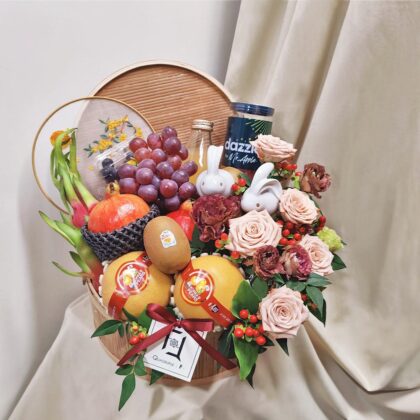 Vintage Rose & Brown Eustoma Mid-Autumn Flower Fruit Basket Quadruple Flower FB010001