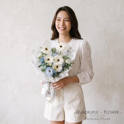 藍雪清漾 | 白非洲菊藍洋桔梗鮮花花束
